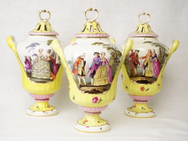 Lot of  Three KPM Berlin Hand Painted Porcelain Lidden Urns