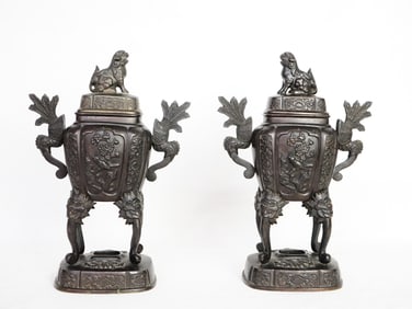 Pair of  Japanese Bronze Incense Burners with  Foo Dog Lids