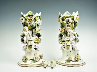 German Porcelain Figural Cherub and Rose Bud Vases Lamps Body, Circa 1890