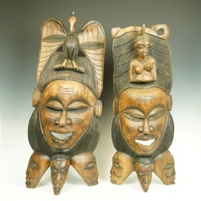 Set of  2 Wooden African Handcarved Tribal Masks
