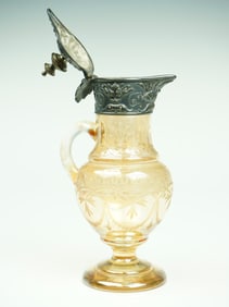 German Glass Ewer W Pewter Mount