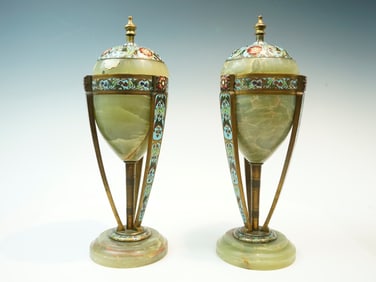 Pair of  Louis Xvi Style Cloisonne Green Quartz Vases