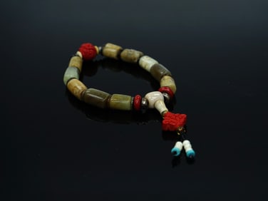 Chinese Jade Beaded Bracelet with  Cinnabar Pendant