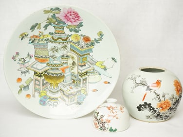 Chinese Famille Rose Porcelain Charger, Jar And Water Pot
