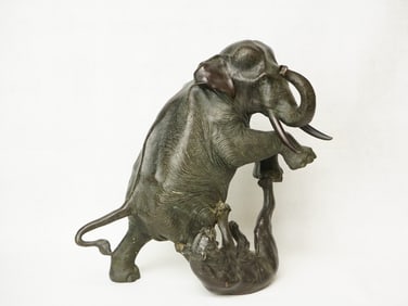 A Japanese Bronze of A Tiger And Elephant By Sano Takachika, Meiji