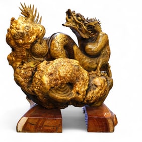 Huanghuali Root Wood Carved Dragonsculpture of A Dragon Siting on A Ball