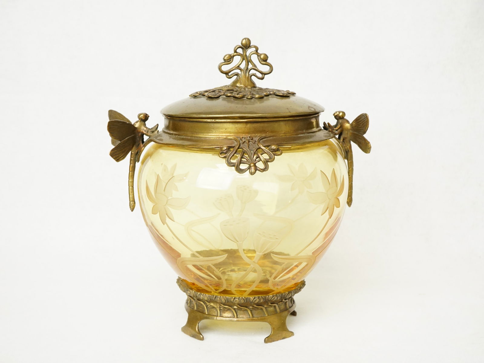 Tiffany Style Art Nouveau Dragonfly Etched Glass Flowers Vase Urn with Lid (1 of 9)