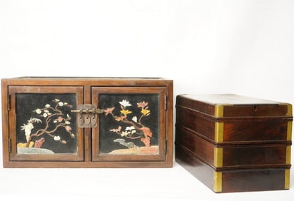 Chinese Black Lacquer Cabinets W/ Applique And Hongmu Three-Tiered Picnic Box