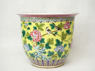 Chinese Yellow Ground Famille Rose 'Flower And Bird' Planter