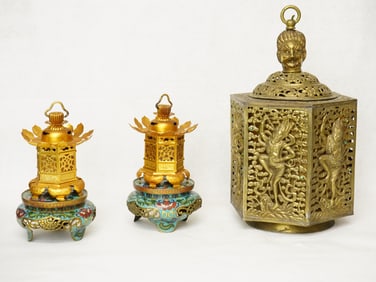 Group of Tibetan And Japanese Gilt Copper Lanterns with Cloisonné Enamel Stand