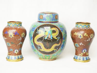 Pair of Chinese Cloisonne Vases And Dragon Cover Jar