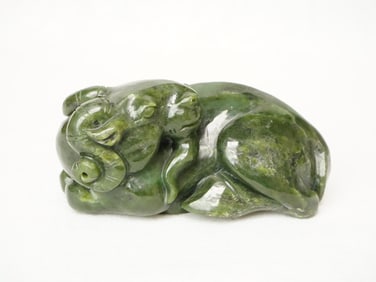 Chinese Carved Spinach  Green Jade ' Ram' Ornaments