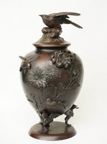 Japanese Bronze Censer with Hawk,Mark Hidemitsu Kansei,Meiji Period