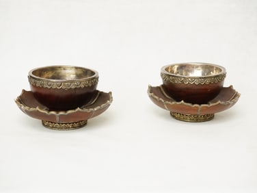 Pair Tibetan Wood And Silver Bowl