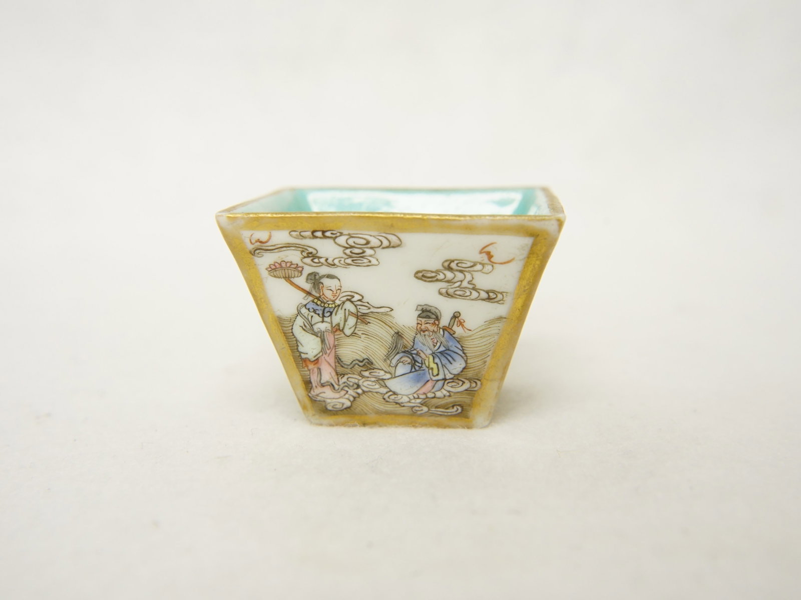 A Small Chinese Famille Rose 'Eight Immortals' Square-Section Cup: Approximate size: 2x2x1.5 in Shipping: We offer in-house shipping services for most small items. This means that we will take care of packing and shipping the items directly to you. For larger or spec