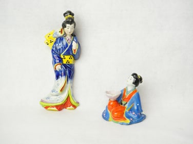 Japanese Porcelain Geisha Wall Pocket And Geisha Figurine
