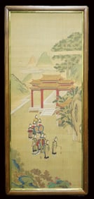 Chinese Painting on Silk Depicting Figures Leaving A Garden Pavilion