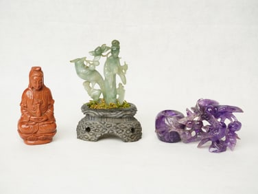 Group of Three Chinese Hardstone Jadeite Amethyst Carvings