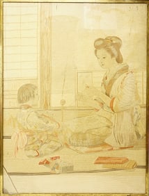 Rare Large Japanese Silk Embroidery of Mother And Child with Metal High-Quality Frame