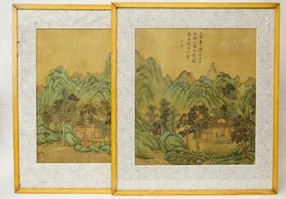 Chinese Two Blue And Green Landscape Painting on Silk .Perhaps From The Ming Dynasty