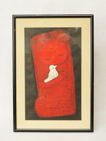 Kaoru Kawano (Japanese 1916-1965) Woodblock Print, Girl Holding A Bird, Signed And Sealed