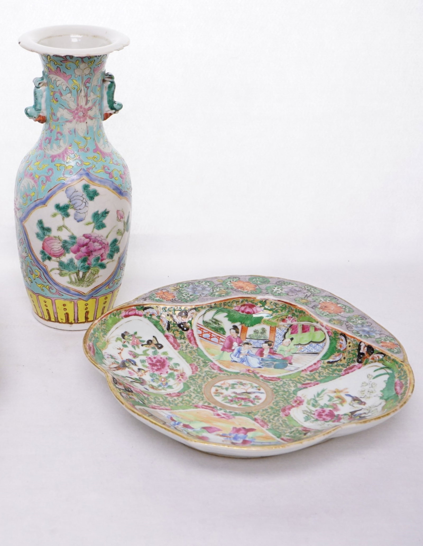 Chinese Famille Rose Porcelain Vase And A Dish , Qing Dynasty: Approximate size:9.75x10.5 in/8.75x11 in/H:9.5 in Shipping: We offer in-house shipping services for most small items. This means that we will take care of packing and shipping the items directly to yo