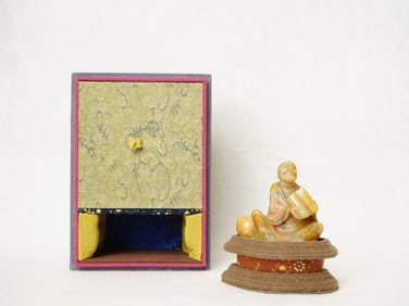 A Chinese Carved Shoushan Stone Luohan Arhat on Stand with Box