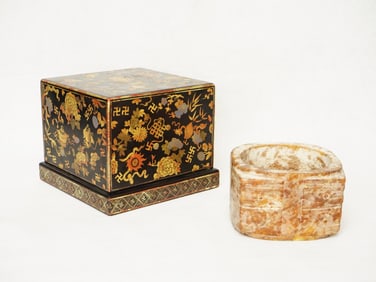 An Ancient Chinese Russet Jade Carving of 'Cong', with Lacquer Box
