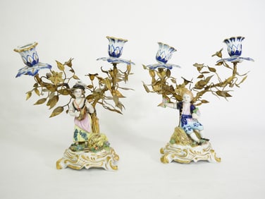 A Pair of Capodi Monte Porcelain and Gilt Metal Candlesticks
