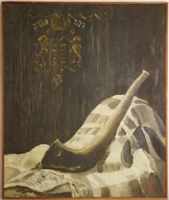 Judaica Signed Painting Oil on Canvas. 'Shofar W/ The 10 Commandments'