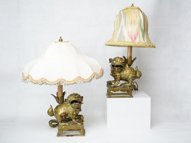 Pair of Chinese Brass Buddhist Lion Table Lamps with Shades, Early 20th Century