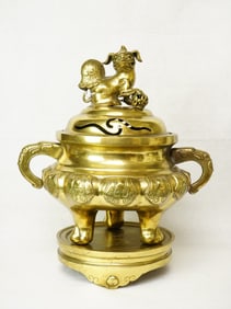 A Large Chinese Brass Censer With Stand, Qing Dynasty