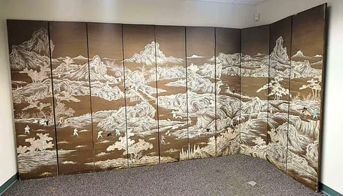 Large Chinese Painted 10 Panel Folding Screen
