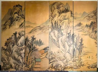 Large Chinese Painted 4 Panel Folding Screen