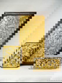 Lot of 3 Chinese High Relief Rectangular Gilt Wood Wall Plaques 19th Century