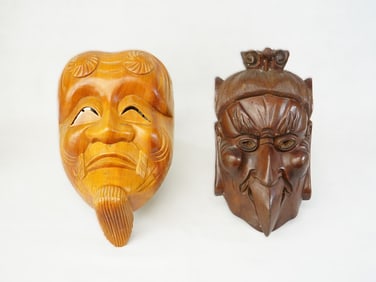 Lot of Two Japanese Carved Wood Noh Masks ,20th Century