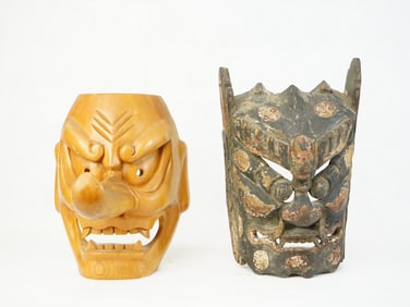 Two Japanese Carved Wood Noh Masks ,20th Century