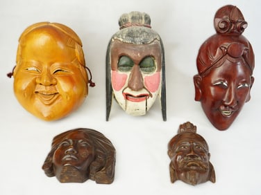 Group of 5 Japanese Carved Wood Noh Masks ,19th/20th Century