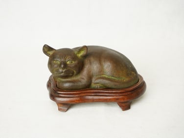 Japanese Bronze Recumbent Cat With Wood Stand