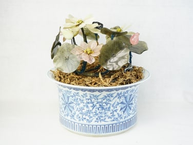 Chinese Blue and White Porcelain Planter With Jade Lotus