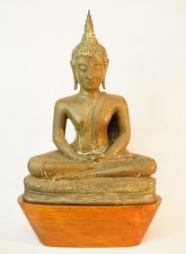 Thai Bronze Figure of A Seated Buddha With Wood Base,19th Century or Earlier