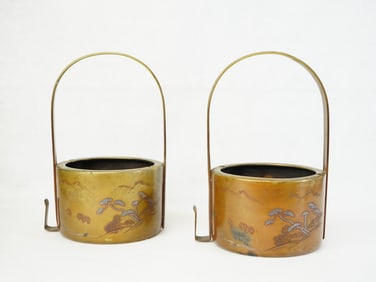 Pair of Japanese Bronze Baskets With Silver Inlay, Meiji Period
