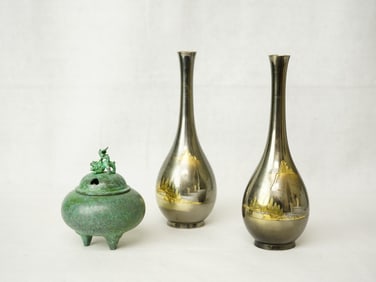 Pair of Japanese Mixed Metal Vases and A Bronze Tripod Censer