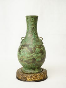Rare Chinese Inlaid Bronze Vase With Gilt Wood Base