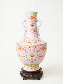 Chinese Famille Rose Porcelain Vase With Mark and Wood Base, Republic Period