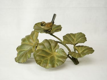 Japanese Signed Bronze Carving of A Bird on A Leaf,Early 20th Century