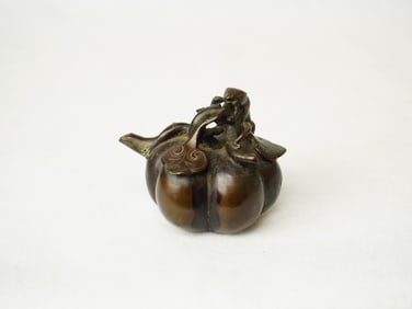 Chinese Bronze Pumpkin Form Water Dropper With Squirrel Decoration,19th Century