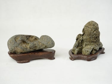 Lot of 2 Japanese Scholar’s Rocks With Wood Stands