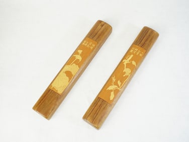Pair of Chinese Bamboo-Inlaid Wood Scholar’S Paper Weights