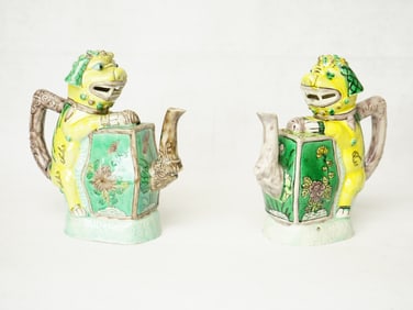Pair of Chinese Export Sancai Glazed Fu Lion Form Cadogan Teapots